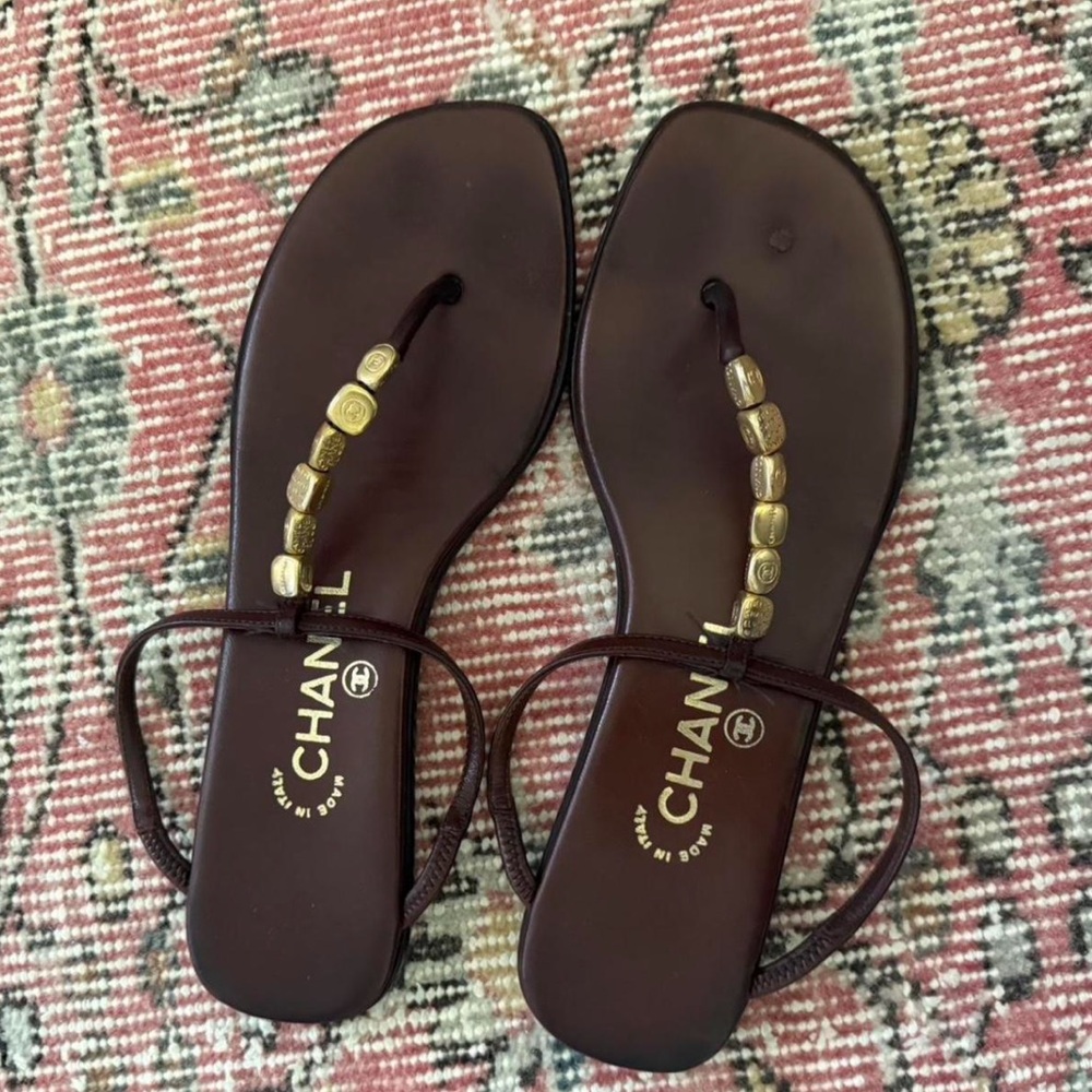 CHANEL Dark Brown Sandals with Gold Beads